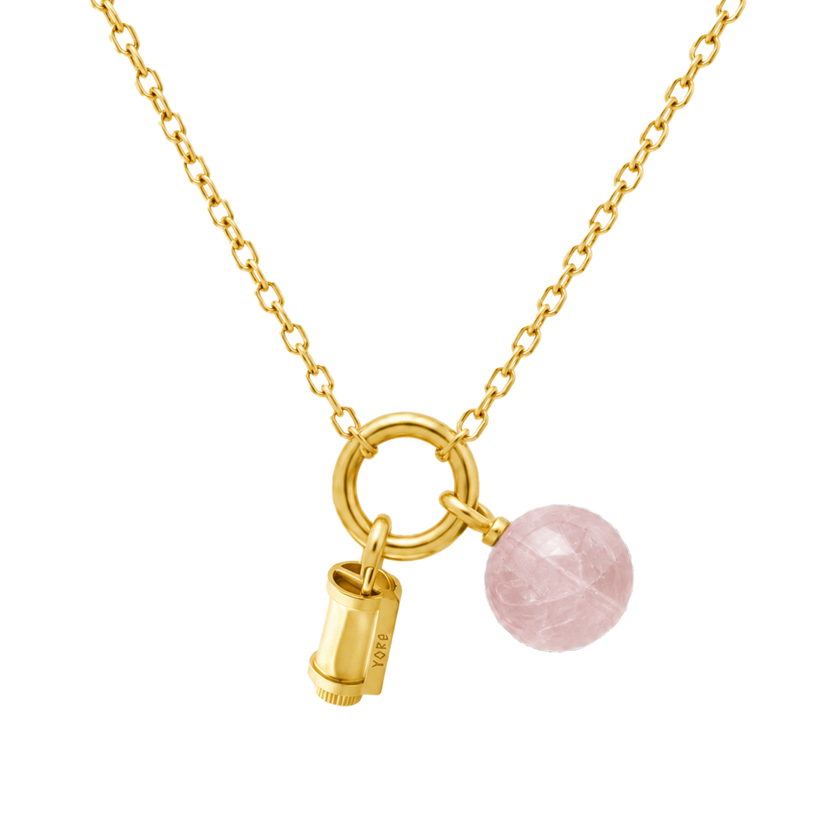 Gold YORE signature pendant necklace with a Rose Quartz crystal accent